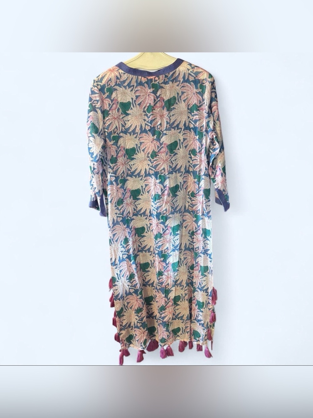 Oliphant Midi Kaftan Dress Sz Medium Cotton Voile Tassels Floral Resort Wear - Picture 5 of 7